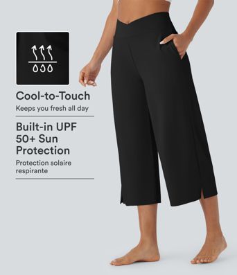 Crossover High Waisted Pockets Cool Touch Yoga Capri Pants-UPF50+
