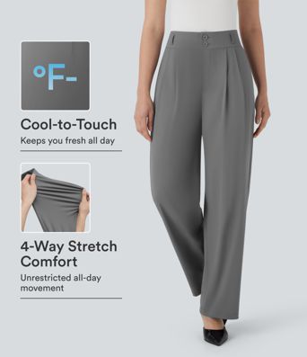 Pantalon de travail taille haute avec poche zippée, plissé, coupe droite et tissu frais au toucher.