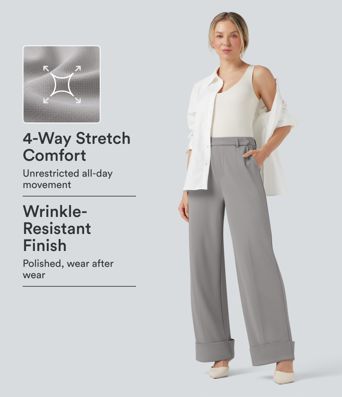 Halara Flex™ High Waisted Rolled Hem Crepe Work Baggy Pants with Pockets