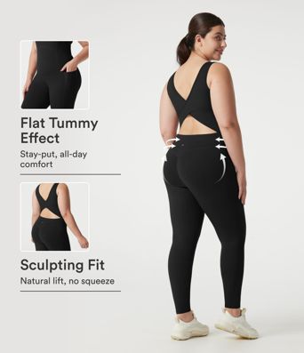 Halara UltraSculpt™ V-neck Crossover Backless Tummy Control Butt Lifting Built-in Bra Workout Plus Size Jumpsuit with Pockets