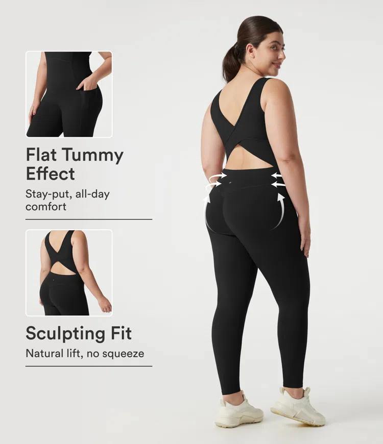 Halara UltraSculpt™ - Jumpsuit mit V-Ausschnitt, Seitentaschen, Bauchkontrolle, integriertem BH und überkreuztem Rückendesign - Po-Lifting, Plus-Size