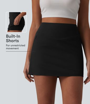 High Waisted 2-in-1 A-line Mini Stretchy Poplin Casual Skirt with Pockets