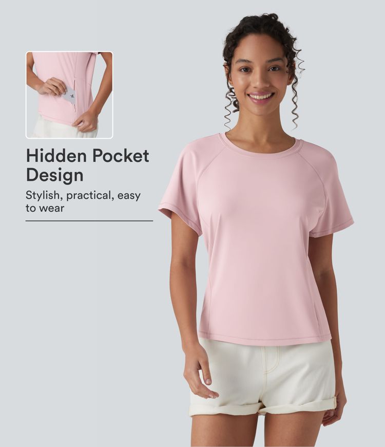 Lässiges Kurzarm-T-Shirt mit Rundhalsausschnitt und Tasche Lässiges Kurzarm-T-Shirt mit Rundhalsausschnitt und Tasche