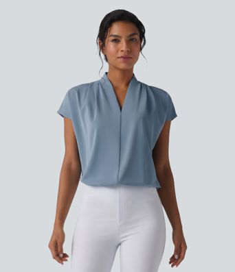 Wrinkle-resistant V-neck Batwing Sleeve Loose Fit Work Blouse Wrinkle-resistant V-neck Batwing Sleeve Loose Fit Work Blouse