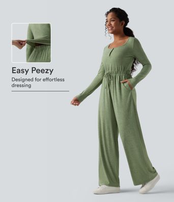 Henley Long Sleeve Drawstring Heathered Casual Baggy Jumpsuit with Pockets-Easy Peezy