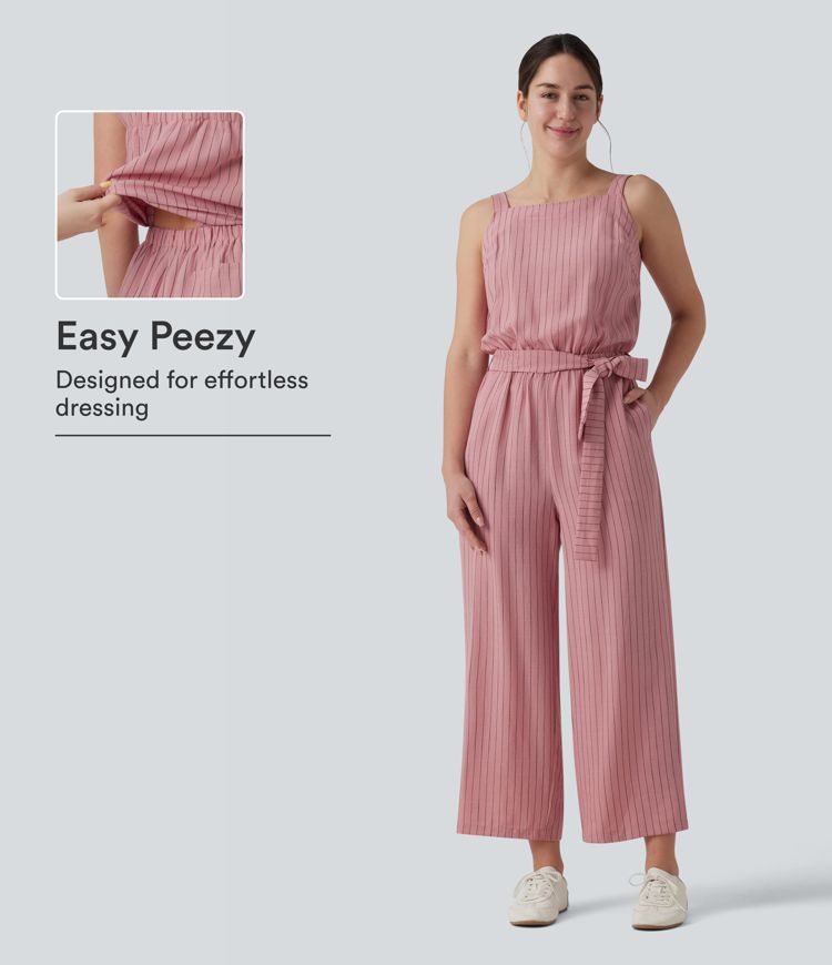 Jumpsuit mit quadratischem Ausschnitt, verstellbaren Trägern, ärmellos, mit Gürtel, gestreift, lässig, mit leinenähnlichem Griff und Taschen – kinderleicht Jumpsuit mit quadratischem Ausschnitt, verstellbaren Trägern, ärmellos, mit Gürtel, gestreift, lässig, mit leinenähnlichem Griff und Taschen – kinderleicht