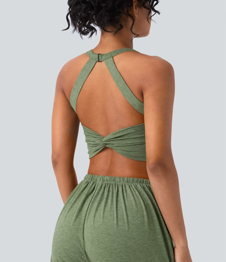 Backless Twisted Adjustable Buckle Skinny Cropped Heathered Casual Tank Top