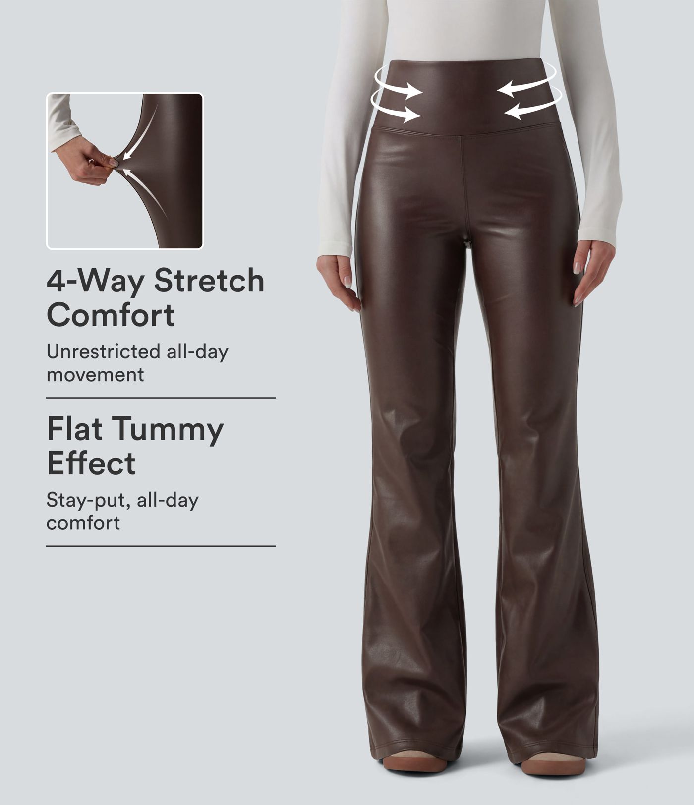 High Waisted Tummy Control Stretchy PU Fleece Flare Casual Pants with Pockets High Waisted Tummy Control Stretchy PU Fleece Flare Casual Pants with Pockets