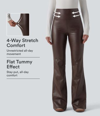 High Waisted Tummy Control Stretchy PU Fleece Flare Casual Pants with Pockets High Waisted Tummy Control Stretchy PU Fleece Flare Casual Pants with Pockets