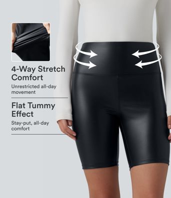 High Waisted Tummy Control Stretchy PU Casual Biker Shorts 7'' with Pockets High Waisted Tummy Control Stretchy PU Casual Biker Shorts 7'' with Pockets