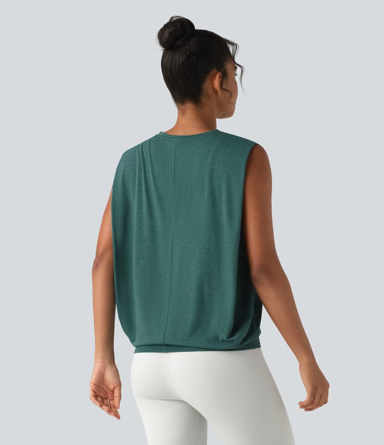 Round Neck Ruched Heathered Yoga Tank Top