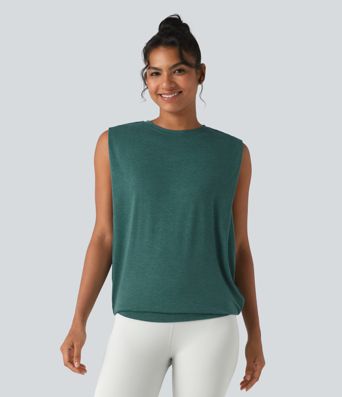 Round Neck Ruched Heathered Yoga Tank Top