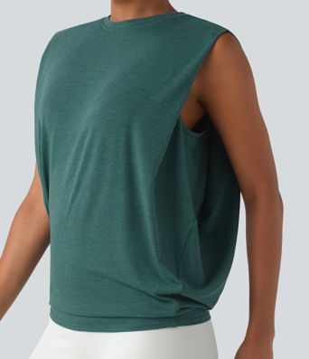 Round Neck Ruched Heathered Yoga Tank Top