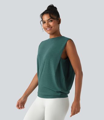 Round Neck Ruched Heathered Yoga Tank Top
