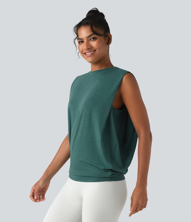Round Neck Ruched Heathered Yoga Tank Top