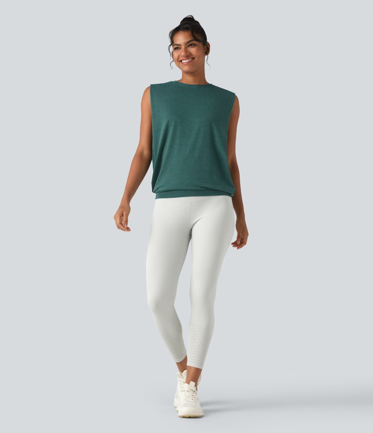 Round Neck Ruched Heathered Yoga Tank Top