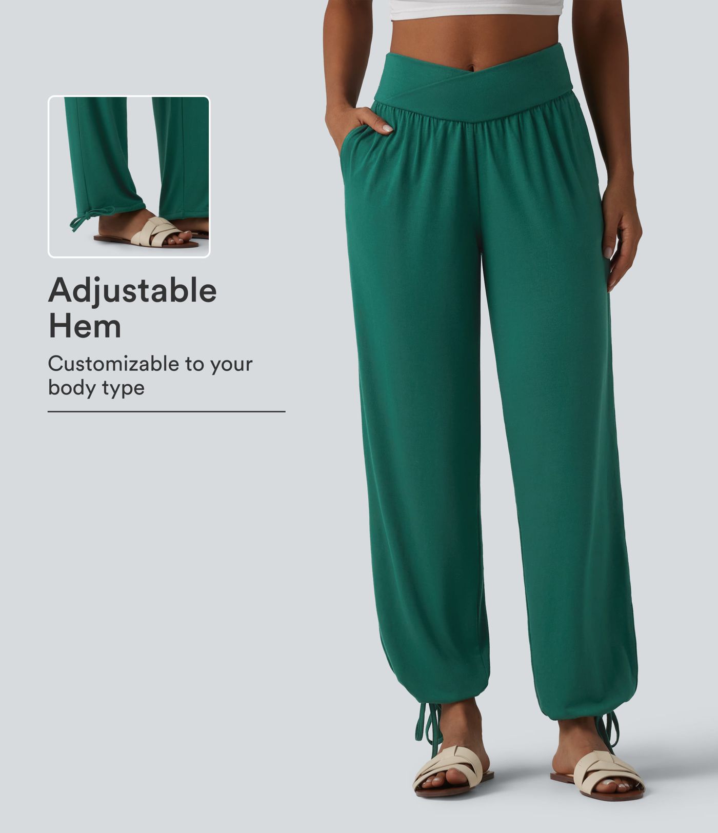 Joggers casuales lisos de cintura alta con cruce, con cordón y bolsillos. Joggers casuales lisos de cintura alta con cruce, con cordón y bolsillos.