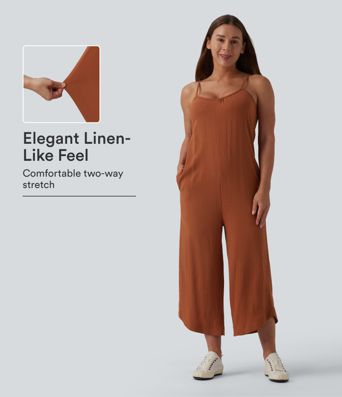 Wide Leg Casual Linen-Feel Slip Jumpsuit with Pockets