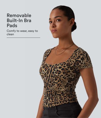 Square Neck Short Sleeve Ruched Leopard Print Casual T-Shirt Square Neck Short Sleeve Ruched Leopard Print Casual T-Shirt