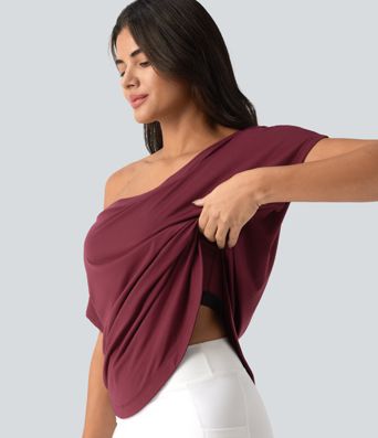 Top de yoga et de sport asymétrique à une épaule, manches courtes, ourlet arrondi hi‑lo (plus court devant, plus long derrière), à séchage rapide, avec soutien‑gorge intégré