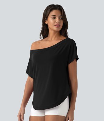 Top de sport yoga asymétrique à épaule dénudée manches courtes ourlet arrondi et coupe asymétrique à séchage rapide – Soutien-gorge intégré Top de sport yoga asymétrique à épaule dénudée manches courtes ourlet arrondi et coupe asymétrique à séchage rapide – Soutien-gorge intégré