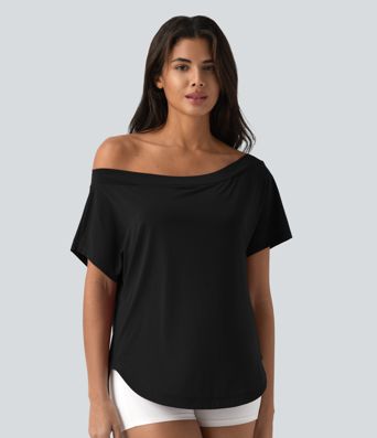 Top de sport yoga asymétrique à épaule dénudée manches courtes ourlet arrondi et coupe asymétrique à séchage rapide – Soutien-gorge intégré Top de sport yoga asymétrique à épaule dénudée manches courtes ourlet arrondi et coupe asymétrique à séchage rapide – Soutien-gorge intégré