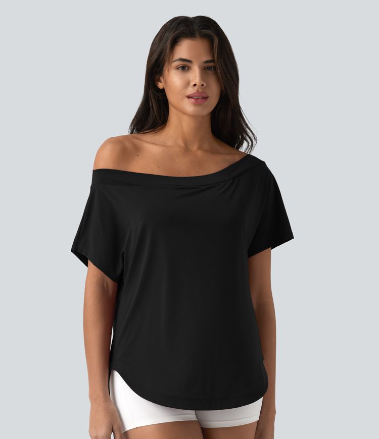 Top de sport yoga asymétrique à épaule dénudée manches courtes ourlet arrondi et coupe asymétrique à séchage rapide – Soutien-gorge intégré Top de sport yoga asymétrique à épaule dénudée manches courtes ourlet arrondi et coupe asymétrique à séchage rapide – Soutien-gorge intégré