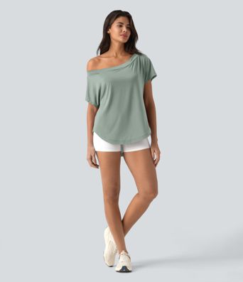 One Shoulder Short Sleeve Curved Hem High Low Quick Dry Yoga Sports Top-Built-in Bra One Shoulder Short Sleeve Curved Hem High Low Quick Dry Yoga Sports Top-Built-in Bra