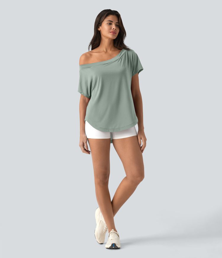 One Shoulder Short Sleeve Curved Hem High Low Quick Dry Yoga Sports Top-Built-in Bra One Shoulder Short Sleeve Curved Hem High Low Quick Dry Yoga Sports Top-Built-in Bra