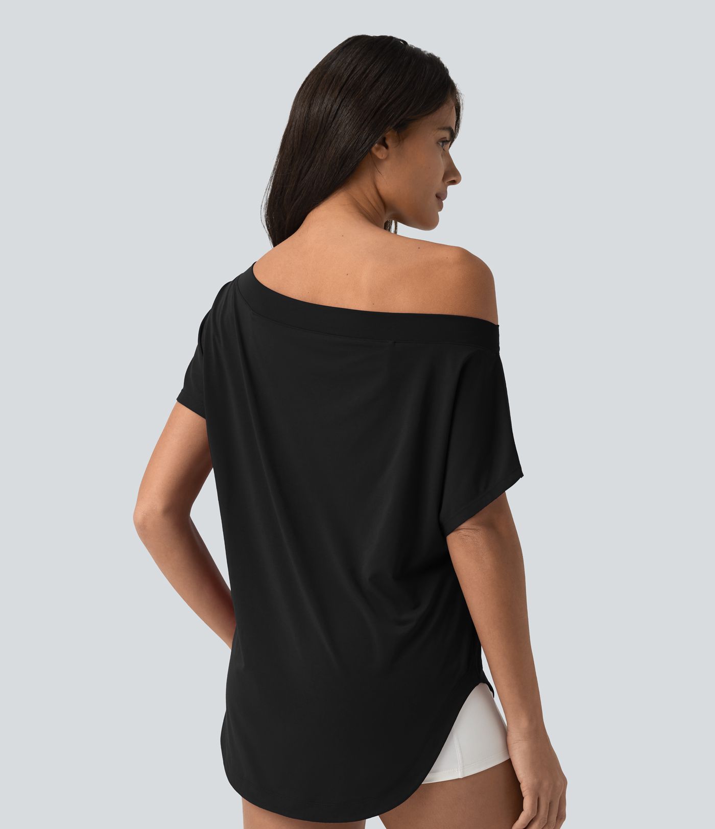 Top de sport yoga asymétrique à épaule dénudée manches courtes ourlet arrondi et coupe asymétrique à séchage rapide – Soutien-gorge intégré Top de sport yoga asymétrique à épaule dénudée manches courtes ourlet arrondi et coupe asymétrique à séchage rapide – Soutien-gorge intégré