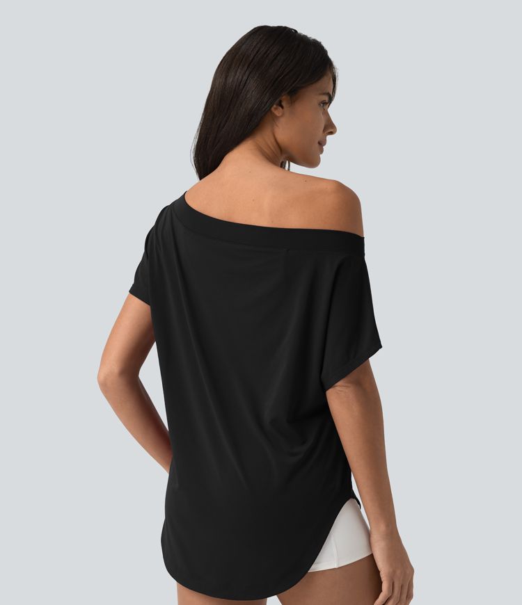 Top de sport yoga asymétrique à épaule dénudée manches courtes ourlet arrondi et coupe asymétrique à séchage rapide – Soutien-gorge intégré Top de sport yoga asymétrique à épaule dénudée manches courtes ourlet arrondi et coupe asymétrique à séchage rapide – Soutien-gorge intégré