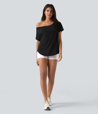 Top de sport yoga asymétrique à épaule dénudée manches courtes ourlet arrondi et coupe asymétrique à séchage rapide – Soutien-gorge intégré Top de sport yoga asymétrique à épaule dénudée manches courtes ourlet arrondi et coupe asymétrique à séchage rapide – Soutien-gorge intégré