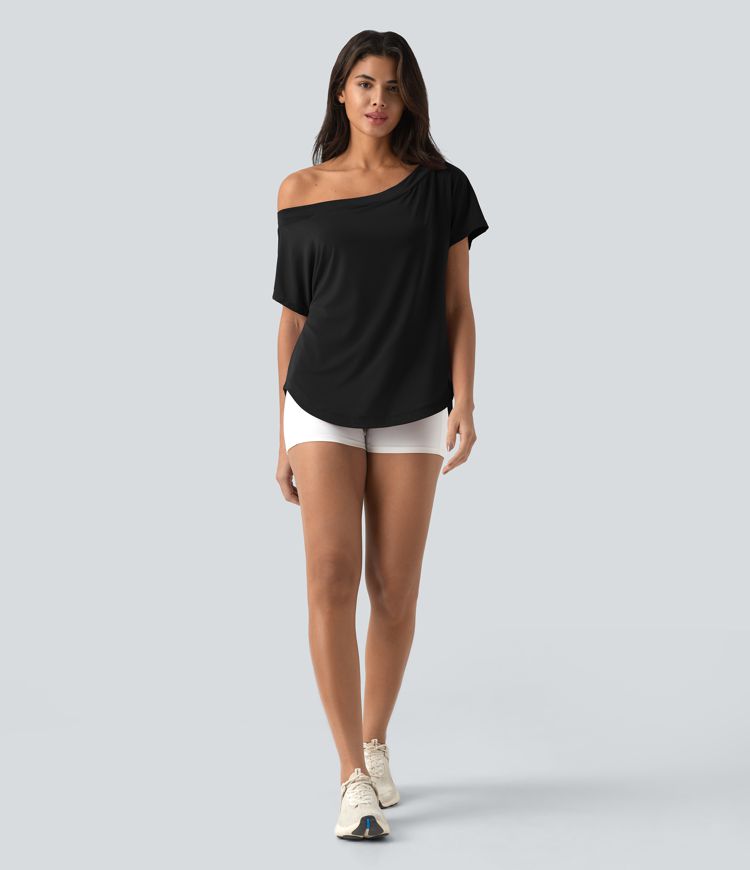 Top de sport yoga asymétrique à épaule dénudée manches courtes ourlet arrondi et coupe asymétrique à séchage rapide – Soutien-gorge intégré Top de sport yoga asymétrique à épaule dénudée manches courtes ourlet arrondi et coupe asymétrique à séchage rapide – Soutien-gorge intégré