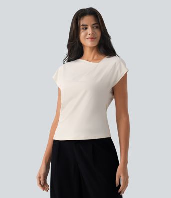 Asymmetric Cowl Neck Short Sleeve Ruched Split Hem Work Blouse