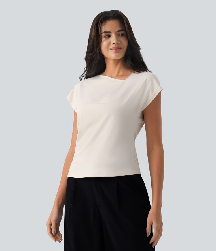 Asymmetric Cowl Neck Short Sleeve Ruched Split Hem Work Blouse