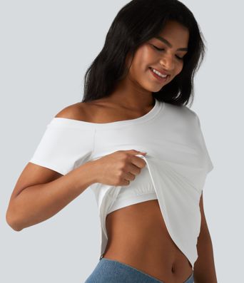 SoftlyZero™ Airy One-Shoulder Ruched Split Built-in Bra Cool Touch Casual T-Shirt