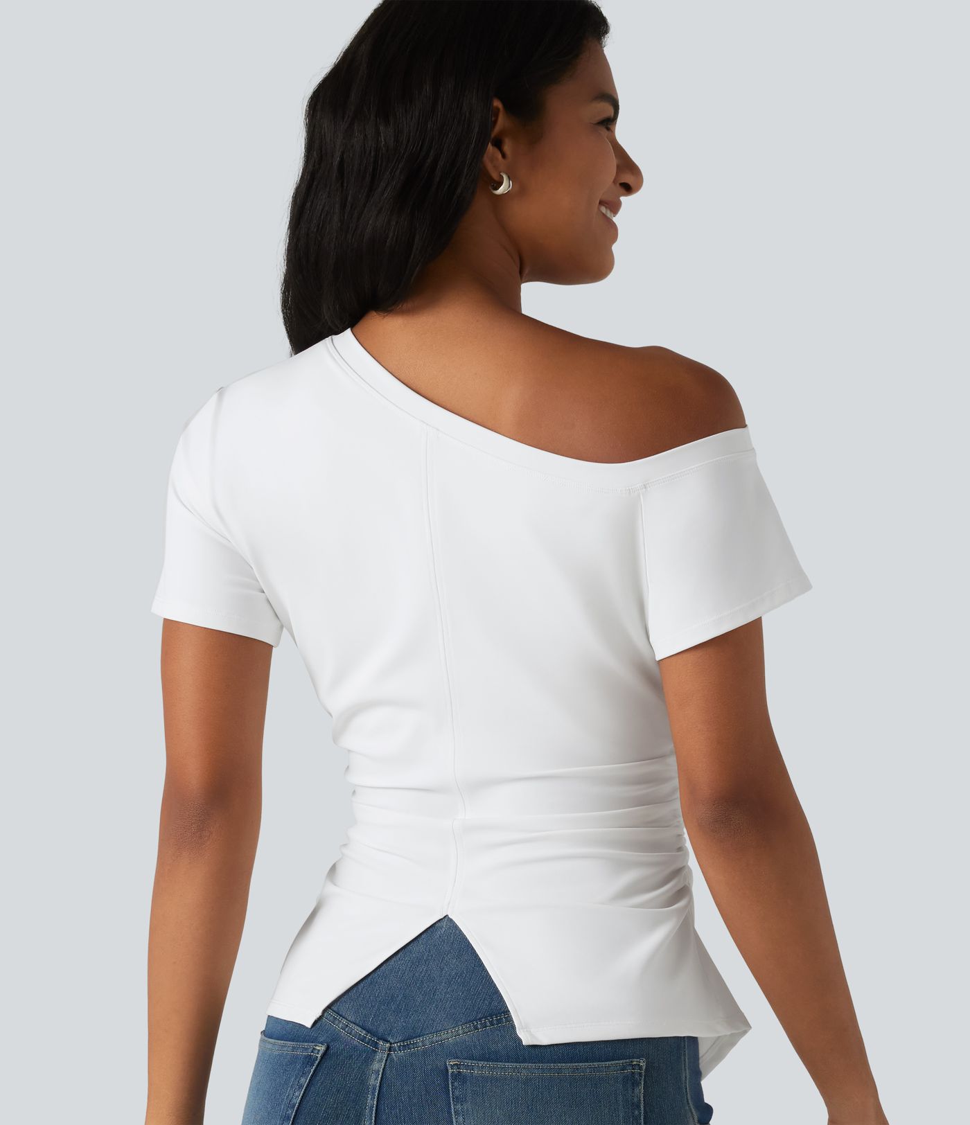 SoftlyZero™ Airy One-Shoulder Ruched Split Built-in Bra Cool Touch Casual T-Shirt