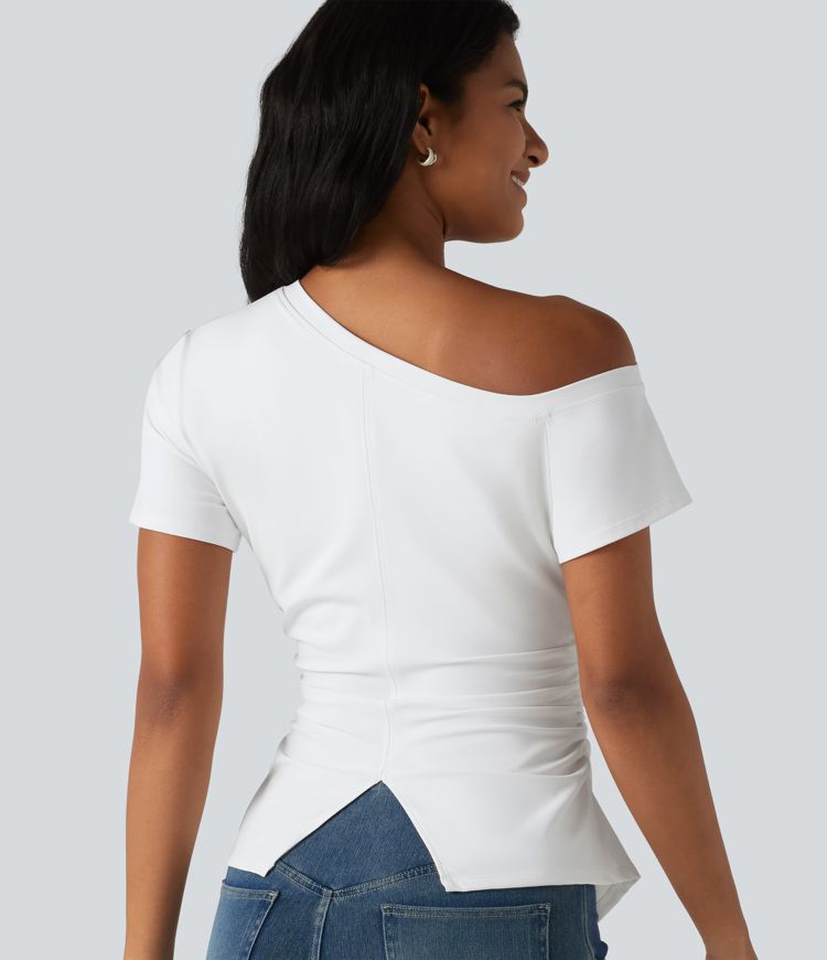 SoftlyZero™ Airy One-Shoulder Ruched Split Built-in Bra Cool Touch Casual T-Shirt