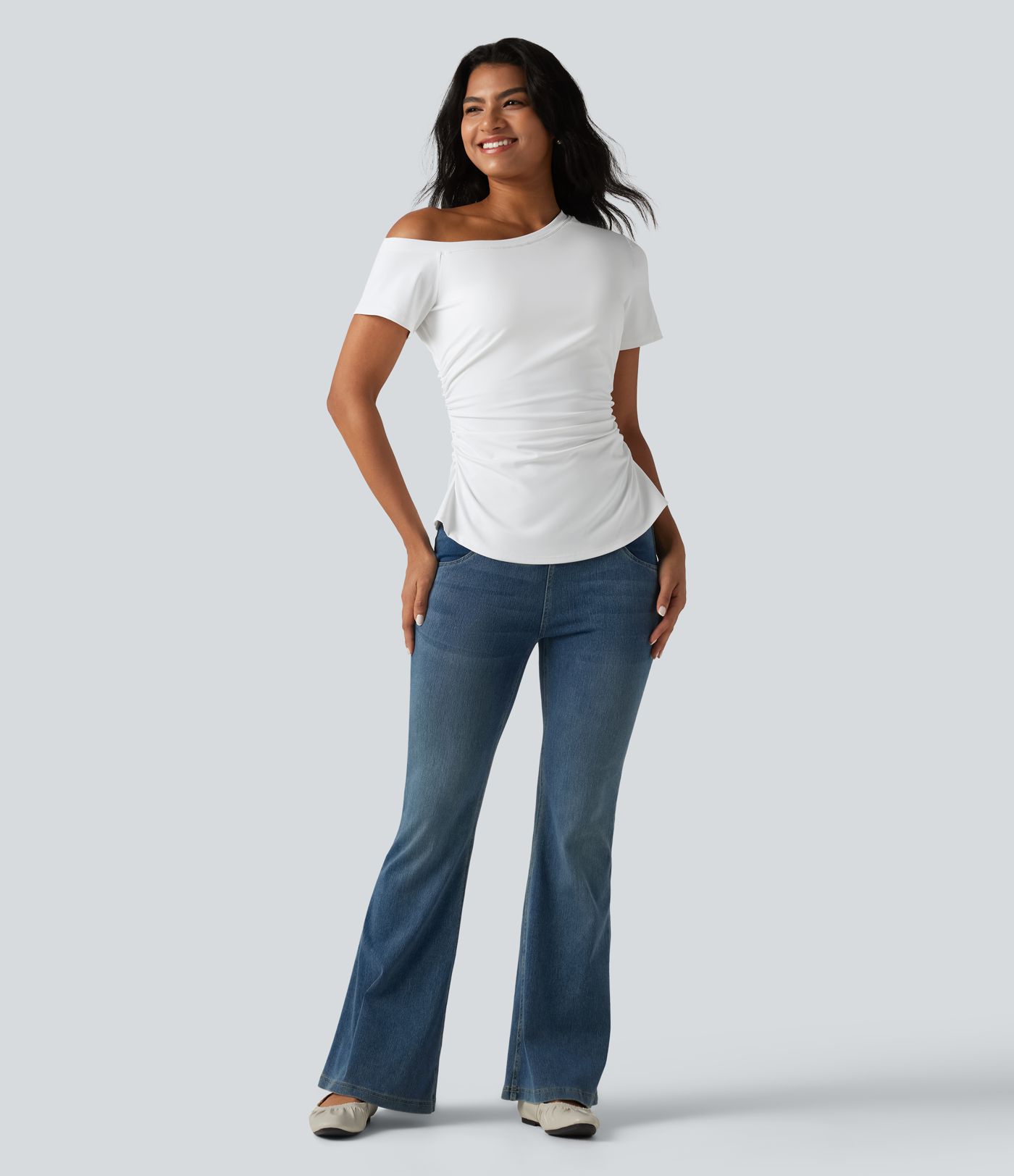 SoftlyZero™ Airy One-Shoulder Ruched Split Built-in Bra Cool Touch Casual T-Shirt