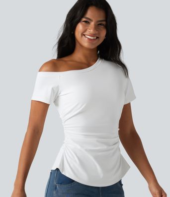 SoftlyZero™ Airy One-Shoulder Ruched Split Built-in Bra Cool Touch Casual T-Shirt