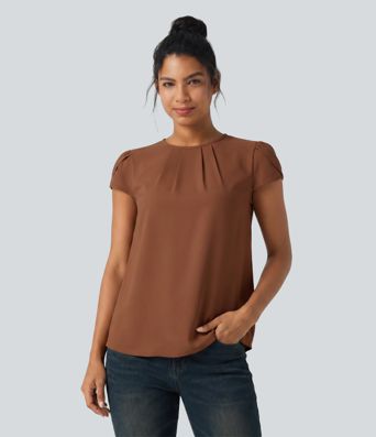 Round Neck Short Sleeve Keyhole Back Casual Blouse Round Neck Short Sleeve Keyhole Back Casual Blouse