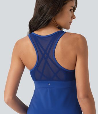 SoftlyZero™ Plush Racerback Contrast Mesh Crisscross U-Neck Sleeveless Built-in Bra Dance Active Dress with Pockets-Easy Peezy
