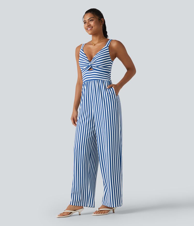 Sleeveless Twisted Shirred Invisible Zipper Built-in Bra Stripes Waffle Casual Jumpsuit with Pockets-Easy Peezy