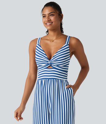 Sleeveless Twisted Shirred Invisible Zipper Built-in Bra Stripes Waffle Casual Jumpsuit with Pockets-Easy Peezy