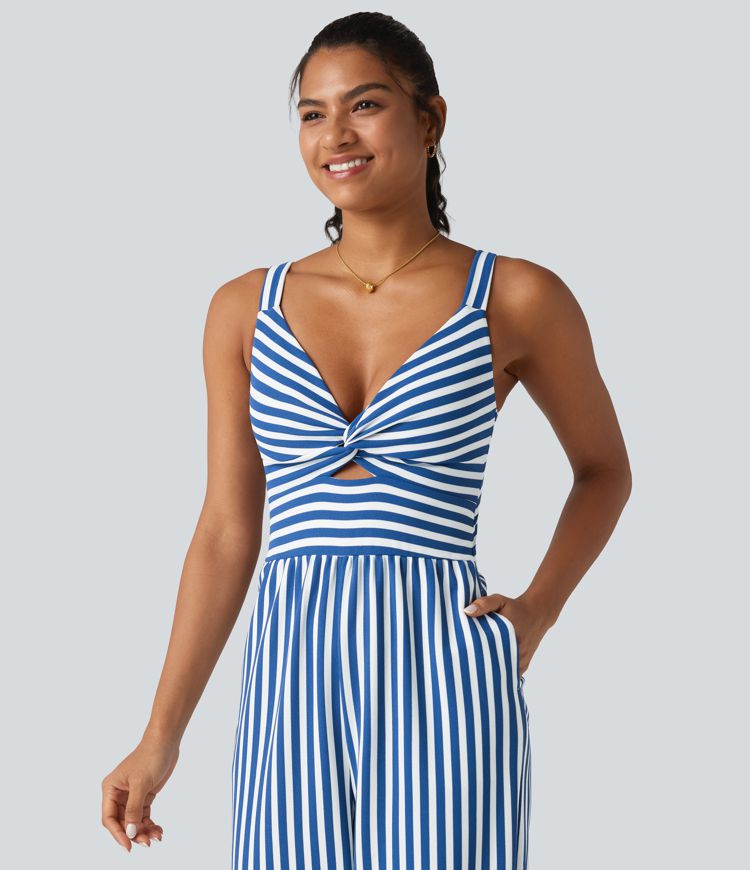 Sleeveless Twisted Shirred Invisible Zipper Built-in Bra Stripes Waffle Casual Jumpsuit with Pockets-Easy Peezy