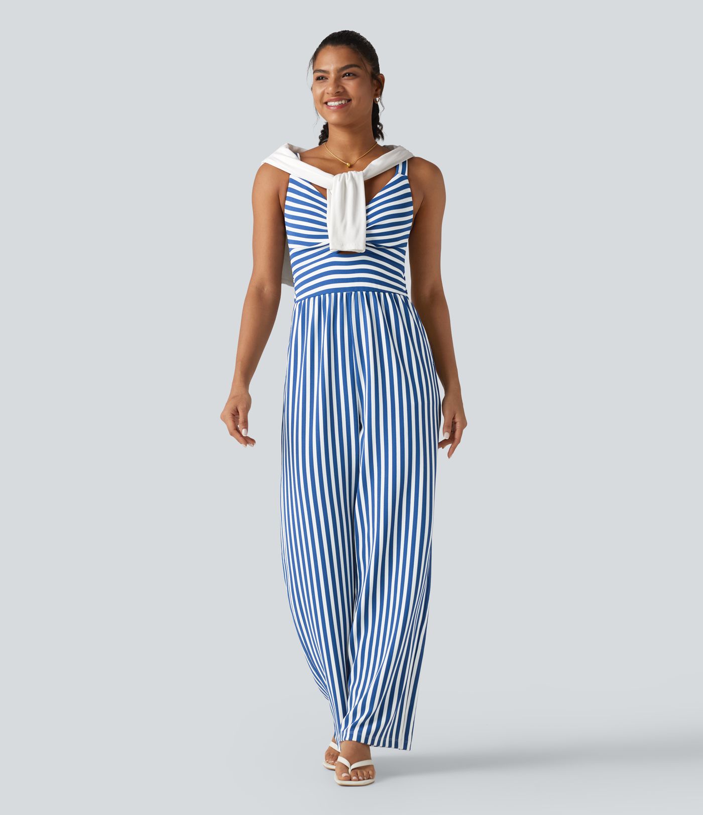 Sleeveless Twisted Shirred Invisible Zipper Built-in Bra Stripes Waffle Casual Jumpsuit with Pockets-Easy Peezy