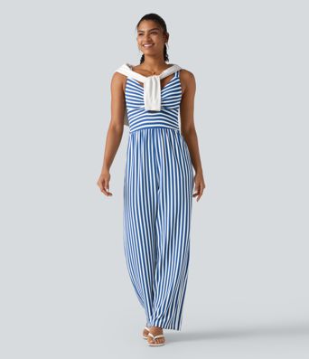 Sleeveless Twisted Shirred Invisible Zipper Built-in Bra Stripes Waffle Casual Jumpsuit with Pockets-Easy Peezy