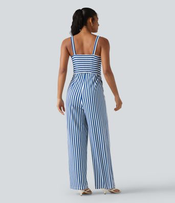 Sleeveless Twisted Shirred Invisible Zipper Built-in Bra Stripes Waffle Casual Jumpsuit with Pockets-Easy Peezy