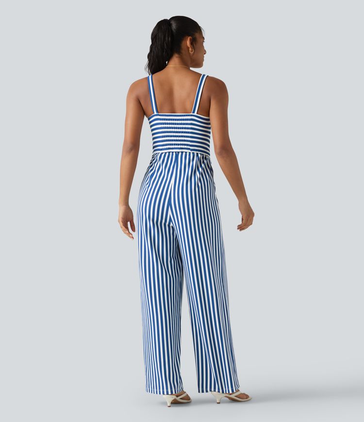 Sleeveless Twisted Shirred Invisible Zipper Built-in Bra Stripes Waffle Casual Jumpsuit with Pockets-Easy Peezy