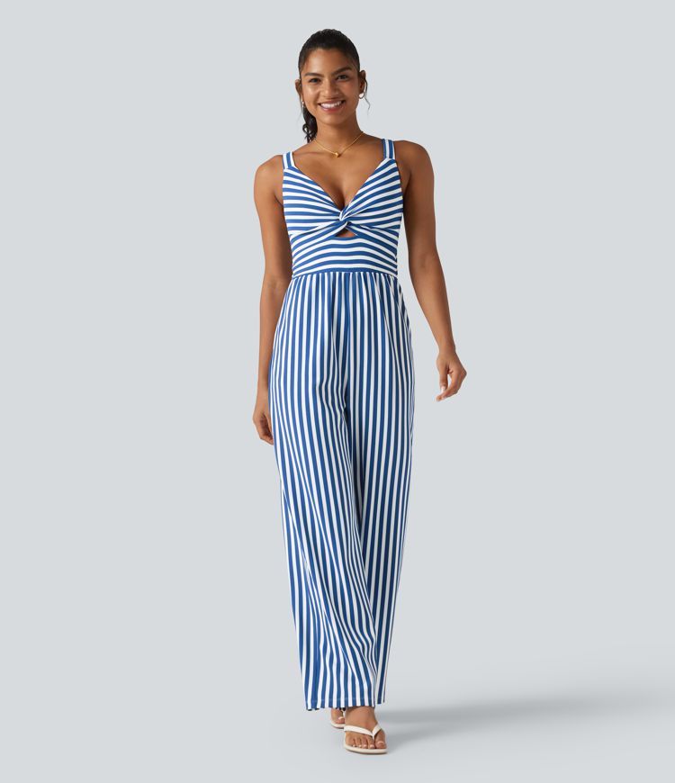 Sleeveless Twisted Shirred Invisible Zipper Built-in Bra Stripes Waffle Casual Jumpsuit with Pockets-Easy Peezy Sleeveless Twisted Shirred Invisible Zipper Built-in Bra Stripes Waffle Casual Jumpsuit with Pockets-Easy Peezy